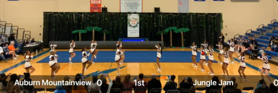 Lindbergh cheer competes in the stomp division Saturday. The girls secured its first state qualification.