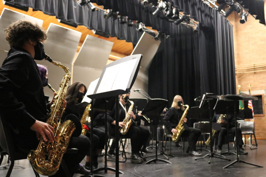 Members of the Jazz Ensemble practice ahead of the upcoming winter concert.