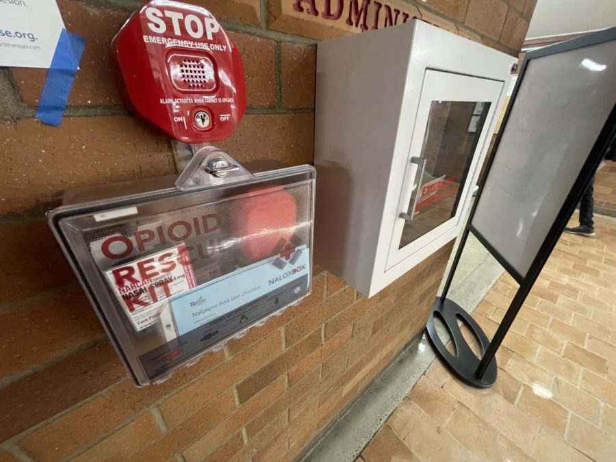 At the entrance to the main office are two critical elements to save life's. An Automated external defibrillator, right and the newly placed Opioid Rescue Kit.