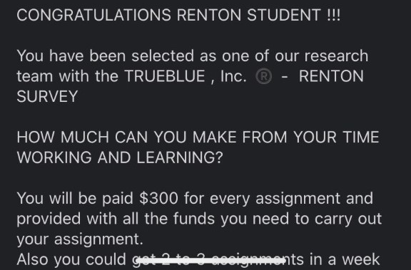 One of several Lindbergh students and staff received this email from TRUEBLUE, INC.