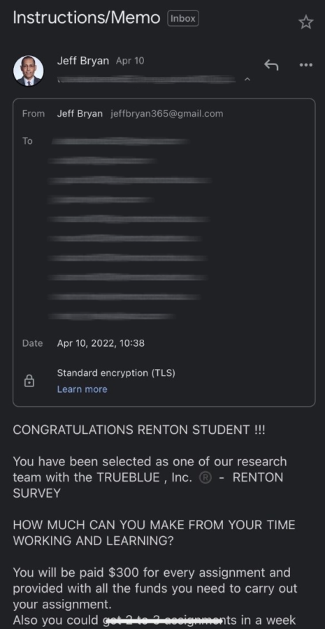The email from TRUEBLUE received by several Lindbergh students and staff. Names have been blurred for privacy.