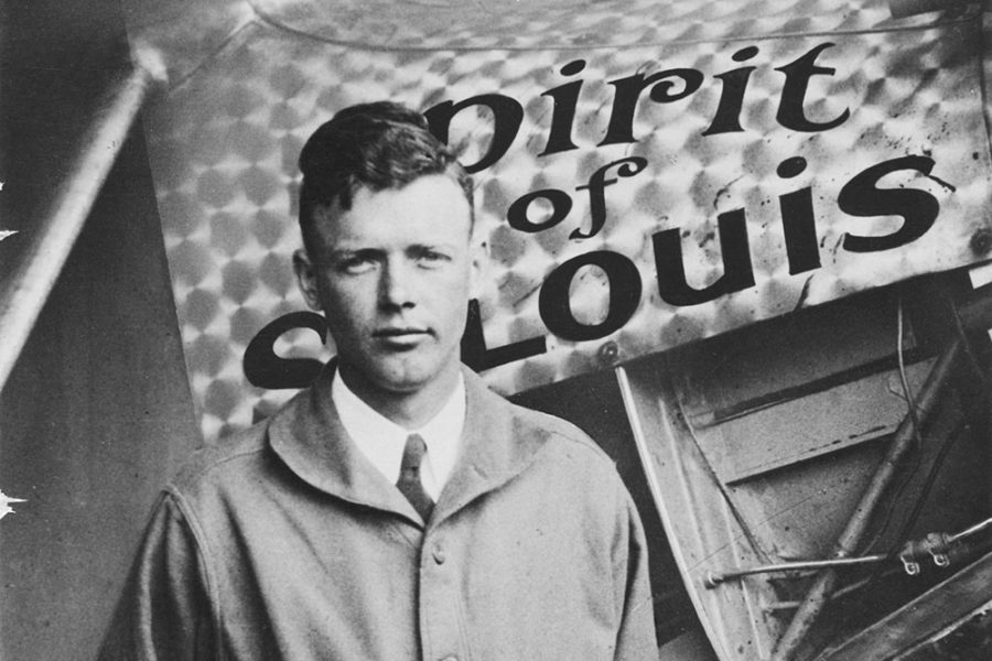 Charles A. Lindbergh in front of the Spirit of St. Louis. The plane Lindbergh flew on May 20-21, 1927 across the Atlantic.
