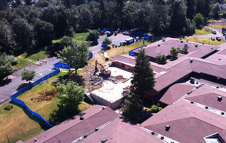 A drone flies over campus on July 19 showing the demolition of most of Lincoln House. 