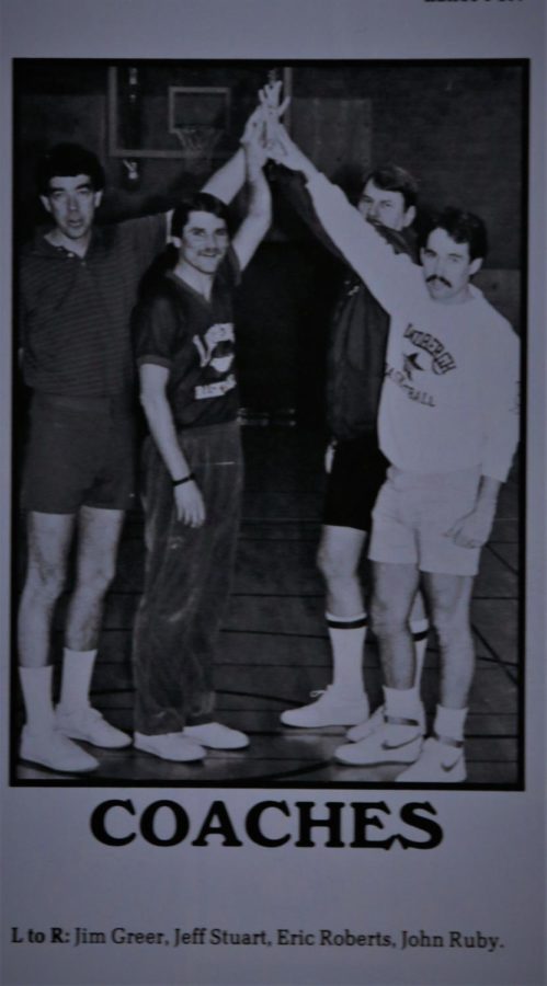 In this archive photo from the Aery Yearbook, Jeff Stuart, second from left is pictured with Jim Greer, left, Eric Roberts, second right and John Ruby, right. 