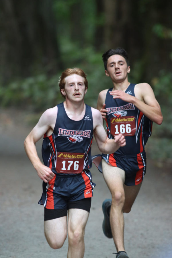Senior Benjamin Walters finishes as the first Lindbergh runner earlier this week. Walters is expected to finish in the top 10 of this weekends 2A KingCo League Championship.