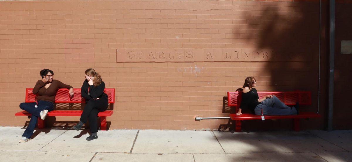 Outside of the school's gym, Charles Lindbergh's name is engraved above a rest area for students.